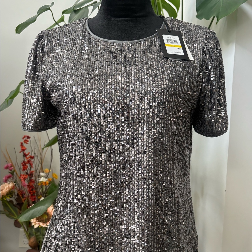 DKNY Silver Sequin Short Sleeve Blouse